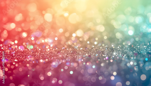 A vibrant and colorful background with sparkling rainbow lights and glittering bokeh effects