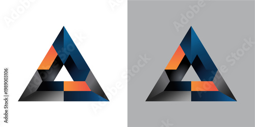 A modern, abstract geometric design featuring a triangular shape constructed with layered blue, orange, and gray elements. This optical illusion-style graphic is ideal for concepts related to strategy