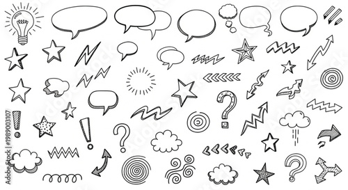 Doodle symbols speech bubble question mark star.