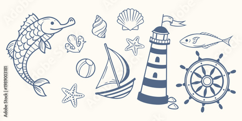 Nautical adventure set: hand drawn maritime symbols and marine elements, Nautical vintage icons set. Vector hand drawn monochrome sketch illustration. Hand drawn illustration of rope, corals, guard
