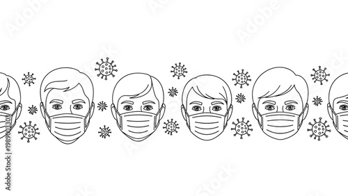 Border design featuring line drawings of people wearing medical face masks surrounded by virus icons on a white background.