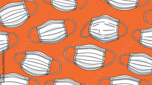 Seamless pattern of white surgical medical masks scattered across a vibrant orange background for health and safety awareness.