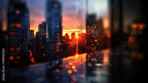 Urban highrise skyline reflects vivid sunset colors across a damp surface