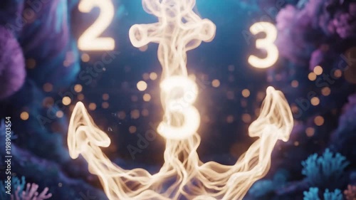 Glowing anchor with numbers in mystical underwater coral dreamscape