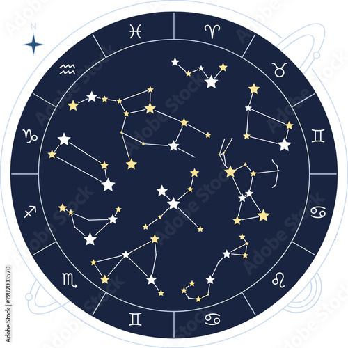 Astrological chart with all twelve zodiac signs and star constellations, a cosmic map perfect for horoscopes, astronomy, and spiritual designs, reflecting ancient celestial wisdom