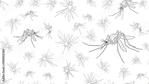Seamless pattern of detailed hand-drawn mosquito illustrations on a white background, ideal for health and pest control information.