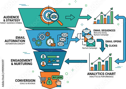 Email marketing funnel illustration showing audience segmentation, automation, engagement, nurturing, and conversion with analytics