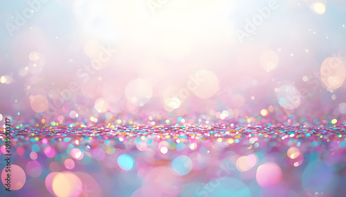 A vibrant and colorful background with sparkling glitter and bokeh lights in shades of pink, blue, and purple.