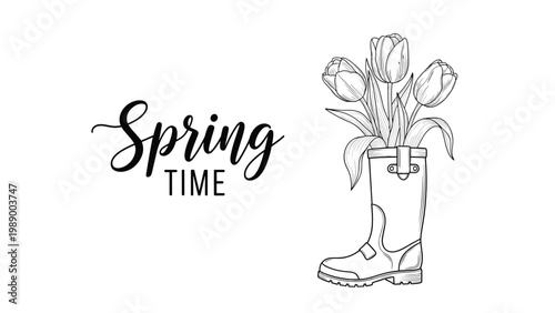Spring greeting card with a line art illustration of tulips inside a rubber boot and Spring time text for seasonal celebrations.
