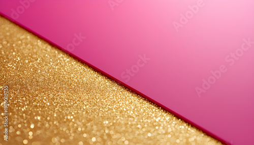 A vibrant pink and gold glittery background with a diagonal split