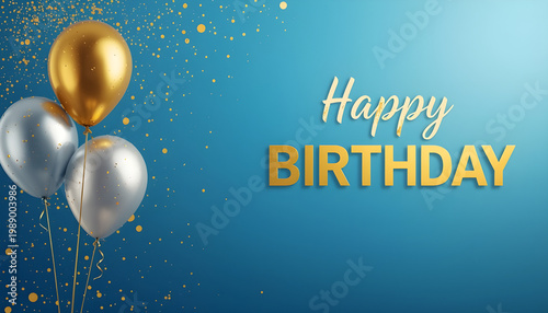 A festive happy birthday greeting with shiny balloons and confetti on a blue background