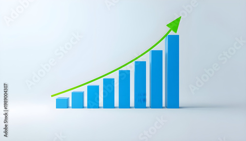 A green arrow rises above a blue bar graph on a white background, symbolizing growth and success in business and finance.