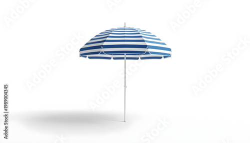 A blue and white striped beach umbrella standing alone on a plain white background