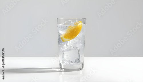 A refreshing glass of water with ice and lemon on a clean white surface