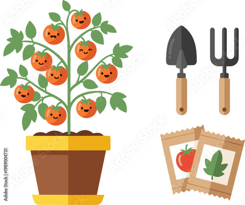 Set of Tomato Plant Illustrations with Garden Tools, Seed Packets, and Pots for Gardening, Farming, and Nature Design Projects