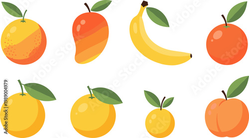 Set of Tropical and Citrus Fruit Illustrations Including Oranges, Bananas, Mangoes, and Peaches for Food, Healthy Eating, and Summer Projects