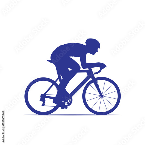Blue silhouette of a cyclist riding a bicycle on a white background, bike