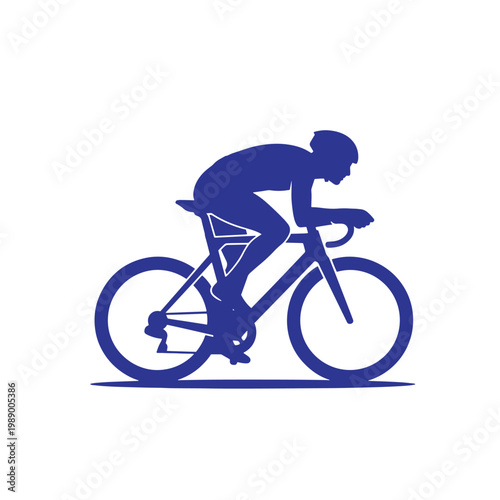 Blue silhouette of a cyclist riding a bicycle on a white background, bike