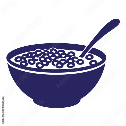 Dark blue bowl of cereal with milk and spoon on white background, breakfast