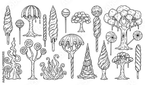 A black and white vector illustration of various candy trees and lollipops