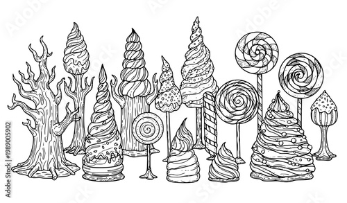 A whimsical illustration of sweet treats in a black and white line art style