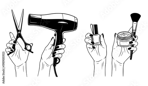 A set of hands holding various beauty and hair tools in a minimalist line art style