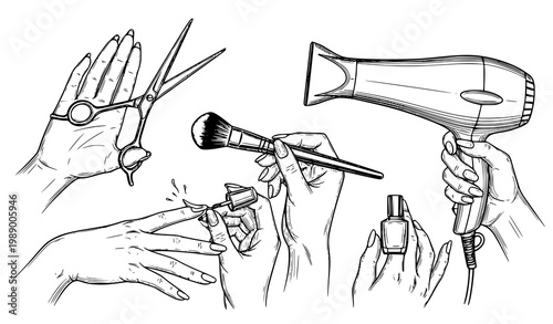 A black and white illustration of hands holding various beauty tools and products