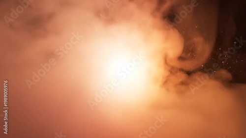 Bright glowing orb through swirling mist in dark starry sky