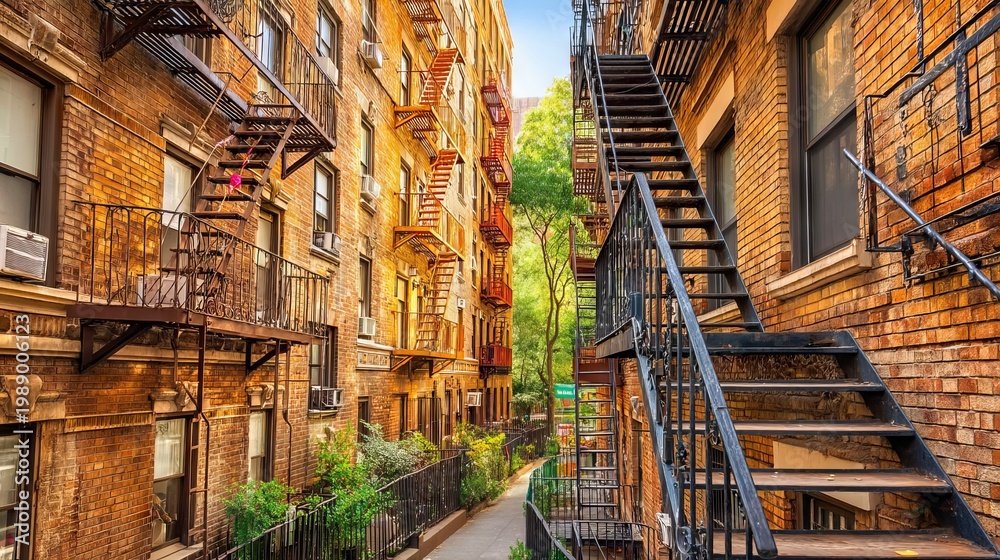 Fototapeta premium Escape Route with Fire Escape Staircase in Brick Building on Sunny Day