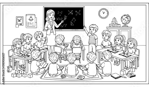 A teacher and her students in a classroom with a blackboard and desks