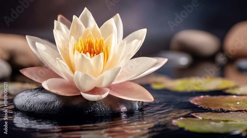 Beautiful Lotus Flower Floating on Thin Layer of Still Water and Stones