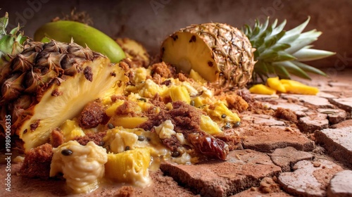 Chaotic Burst of Crushed Overripe Tropical Fruits on Rustic Surface