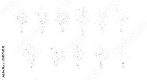 Flowers hand drawn set with grunge scrawls and splatters in black lines on white background featuring illustration, vector, clip art with graphic and