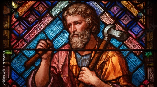 Saint Joseph holding tools associated with work in a composed posture symbolizing dignity of labor and protection + layered stained glass panels incorporating geometric craftsmanship motifs + warm sof