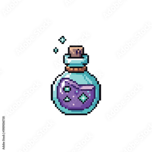 A charming pixel art vector of a round glass flask filled with shimmering purple elixir, complete with a wooden cork and floating sparkles.