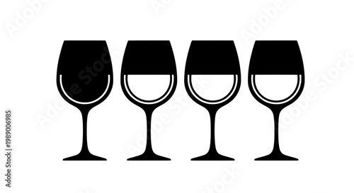 Wine glasses set with varying liquid levels in black and white design featuring glassware, drinkware, elegant with minimalist and modern elements for