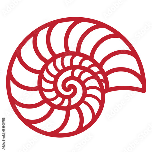 Red nautilus shell on white background, spiral