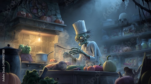 Spooky skeleton chef cooking in dark kitchen with food and utensils, Halloween horror theme, eerie atmosphere, chef hat, cooking skeleton