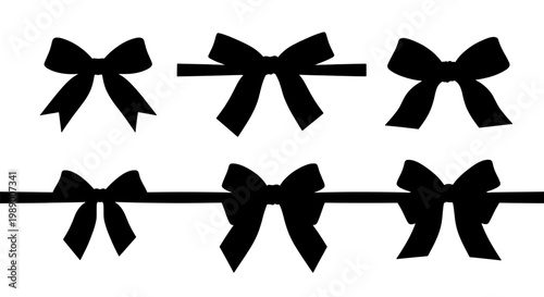 Bows black set with ribbon lines, vector illustration featuring bow icons, gift wrapping, packaging design with minimalist design and decorative
