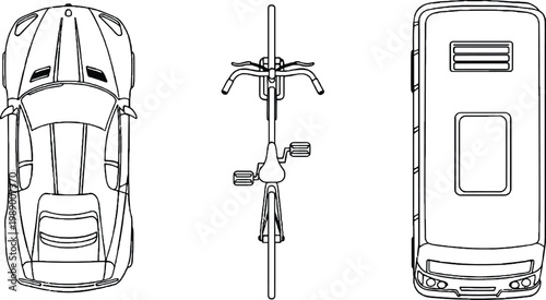 Top view of car, bicycle and bus.