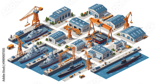 Isometric 3D illustration shows a detailed military base with naval ships being constructed and repaired in dry docks, cranes dotting the landscape, set against a clean white background
