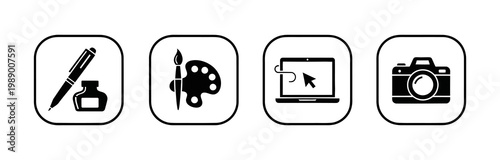 Set of four icons representing creativity, art, design, and photography with a white background