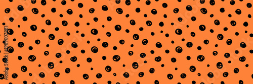 Horizontal papaya seeds seamless pattern on orange background. Hand drawn black dots and scribbled circles. Tropical fruit texture