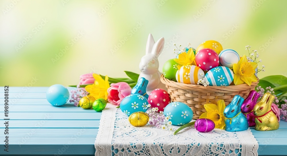 Fototapeta premium Easter eggs and bunnies on a table with a blue tablecloth.