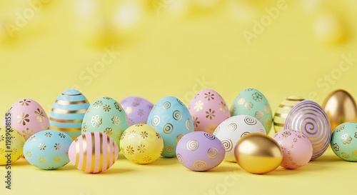 A colorful collection of Easter eggs on a yellow background.