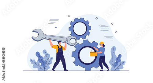 Engineering and technical maintenance concept featuring two workers holding a large wrench near giant industrial interlocking gears.