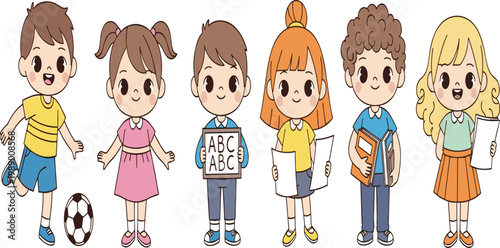 Set of cute diverse preschool children characters holding books abc board and soccer ball flat vector illustration isolated on white background for kindergarten education school.