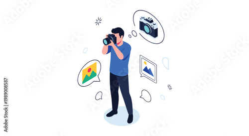 Professional photographer concept showing a man with a DSLR camera surrounded by icons for lenses, photos, and creative inspiration.