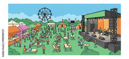 Vibrant Festival Scene with Ferris Wheel and Stage.