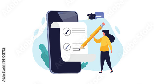 Online education and digital document signing concept featuring a woman using a large pencil to write on a smartphone screen display.